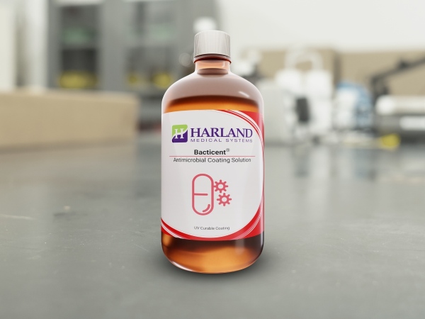 Bacticent antimicrobial coating solution in a bottle, sitting in a lab